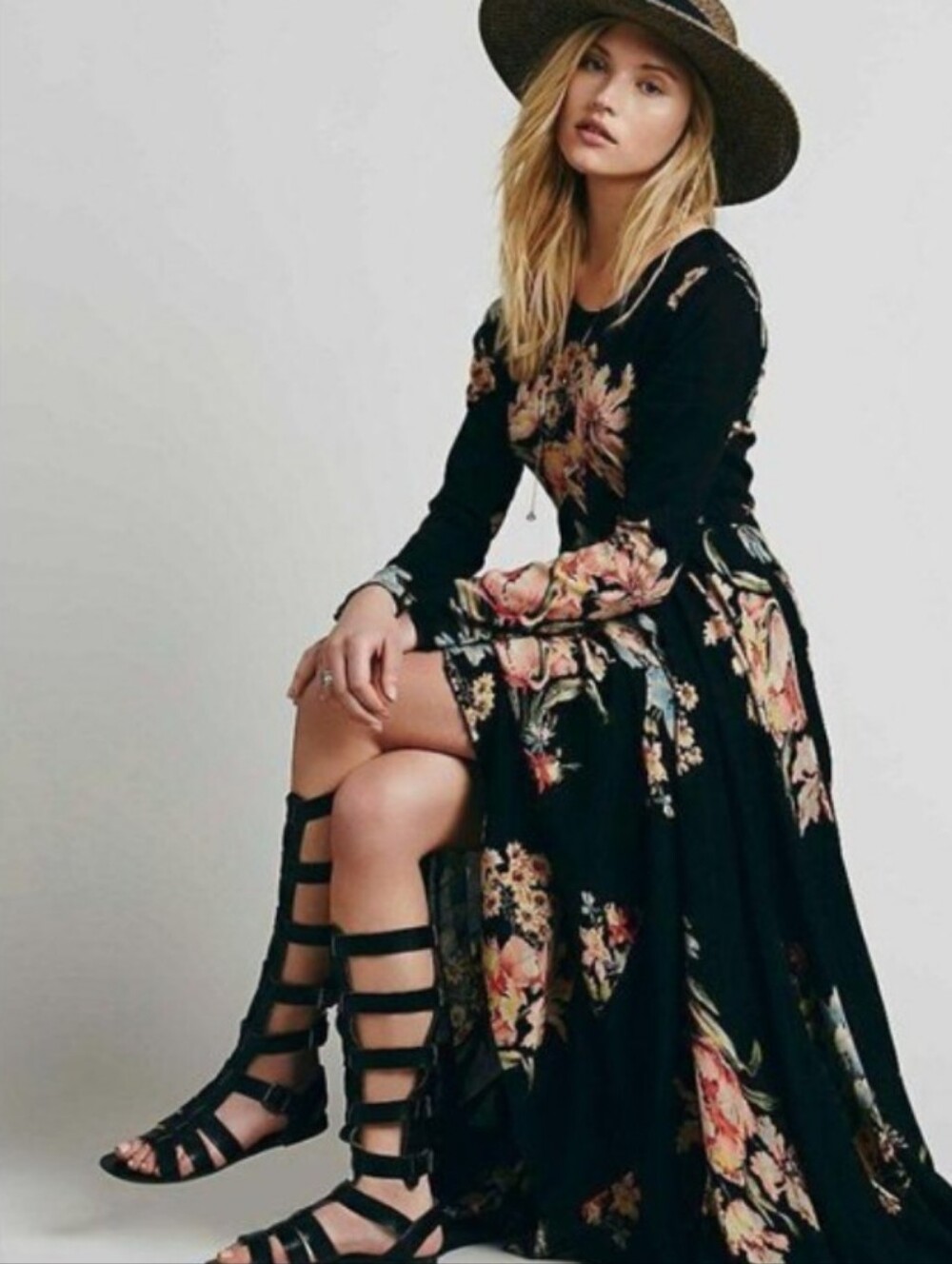 Free People First Kiss Midnight Garden Dress Floral Black Medium Keyhole Back - Picture 2 of 10